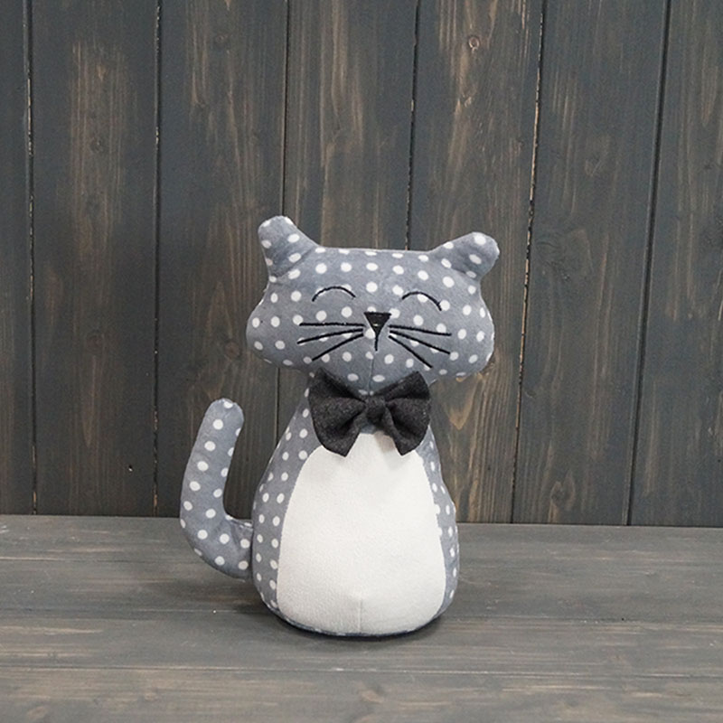 Grey Spotty Cat Doorstop with Bow Tie  detail page